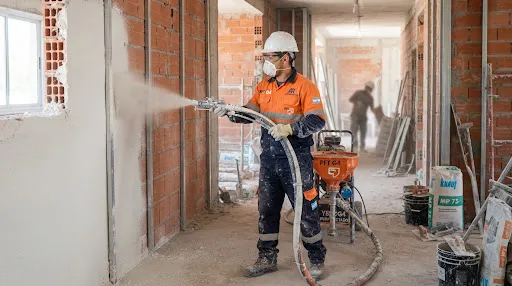 Proyección continua de enlucido de yeso monocapa con máquina proyectadora Putzmeister PFT en obra