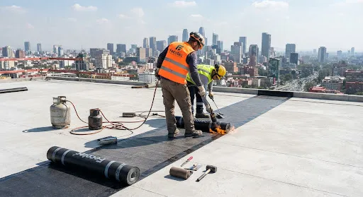 Operarios de impermeabilización con chalecos reflectantes y cascos de obra realizando termofusión con soplete a gas de membrana asfáltica de 4mm en una gran azotea plana de edificio urbano en altura. A lo lejos se aprecia el skyline de la ciudad bajo luz diurna clara. En primer plano se observa el rollo de membrana asfáltica geotextil y herramientas de sellado térmico con acabado profesional y preciso.