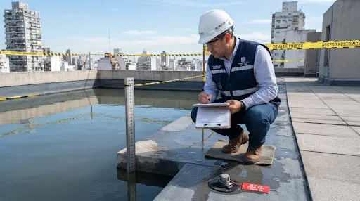 Ensayo de estanqueidad hidráulica por inundación según IRAM 1559 con medición milimétrica