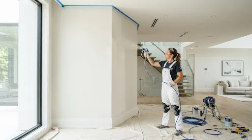 Fotografía arquitectónica de aplicación de pintura Airless en obra residencial