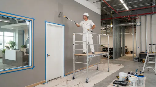 Operario en andamio aplicando pintura arquitectónica satinada en obra comercial