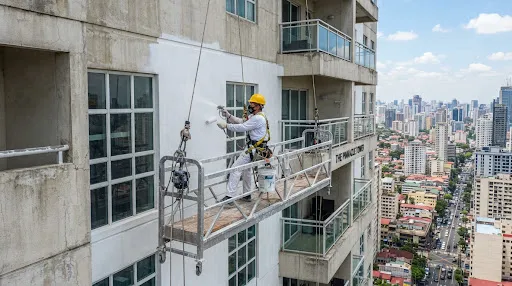 Operario frentista con arnés y balancín suspendido aplicando pintura elastomérica en fachada de edificio