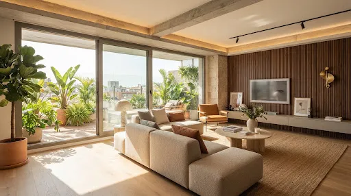 Sun-drenched luxury living room interior with contemporary low beige modular sofa, raw concrete ceiling beam accents, light Scandinavian oak floors, potted tropical plants on sunny terrace through floor-to-ceiling glass sliding doors, elegant fluted wooden wall panels, warm ambient lighting.