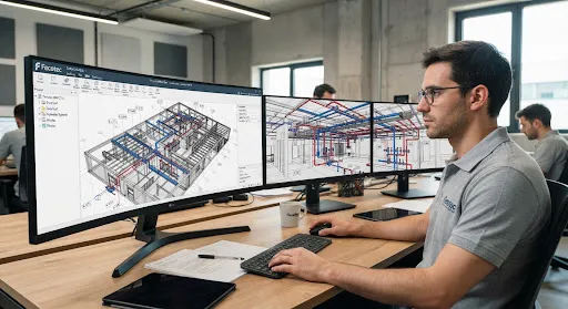 Close up architectural BIM engineering 3D wireframe render displaying complex electrical conduit layouts and hydronic manifold pipe systems on multiple monitors in a modern engineering studio.