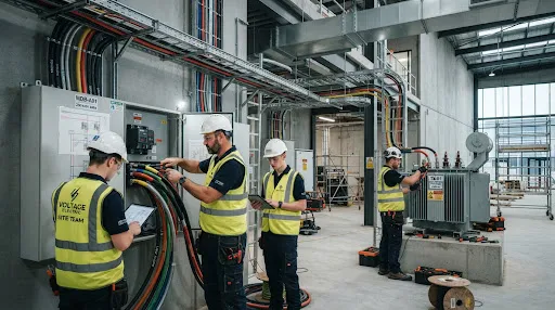 Cuadrilla de técnicos electricistas certificados de Fecotec montando bandejas y tableros en subestación transformadora
