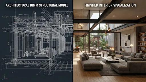 Comparación pantalla dividida entre modelo tridimensional BIM de instalaciones electromecánicas y arquitectura terminada