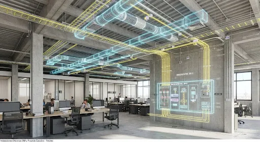 High-tech 3D architectural MEP BIM model overlay render of an industrial building office space with colored glowing wireframe paths showing electrical conduit trays, HVAC ducts, switchboard panels, and structural concrete framing under precise studio lighting.