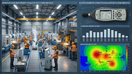 Relevamiento acústico y dosimetría ocupacional en planta industrial con sonómetro Clase 1 y mapa isófono espectral SRT 85/12