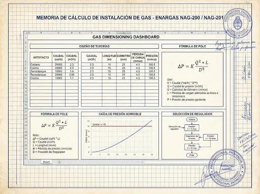 Technical engineering calculation sheet and gas dimensioning dashboard for natural gas and LPG distribution