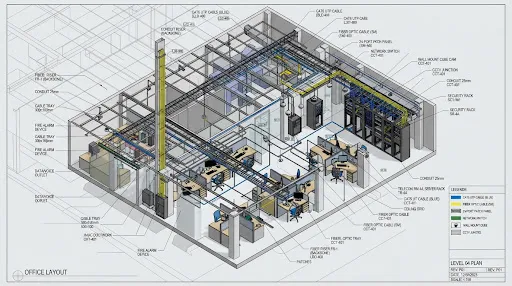 Diagrama Isométrico 3D BIM de cableado estructurado, bandejas portacables, racks de telecomunicaciones y distribución de puestos de trabajo de oficina