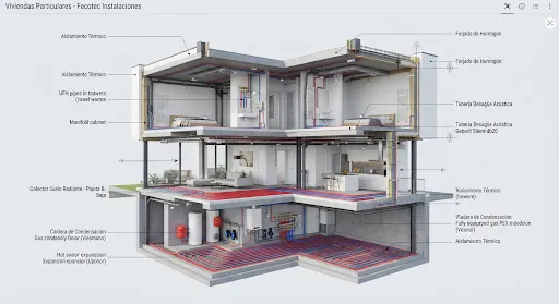 Technical architectural cutaway BIM LOD 400 model of a modern three-story luxury residence showing high-detail underfloor heating red and blue PEX pipe circuits, central manifold units, silent acoustic sewage pipes, boiler room in basement, white walls cut section with blueprint annotations and crisp engineering lighting.